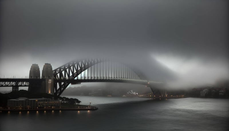 the sydney harbour bridge shrouded in fog and cloud