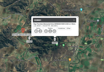 Topographical map of Denman area with Telstra tower information