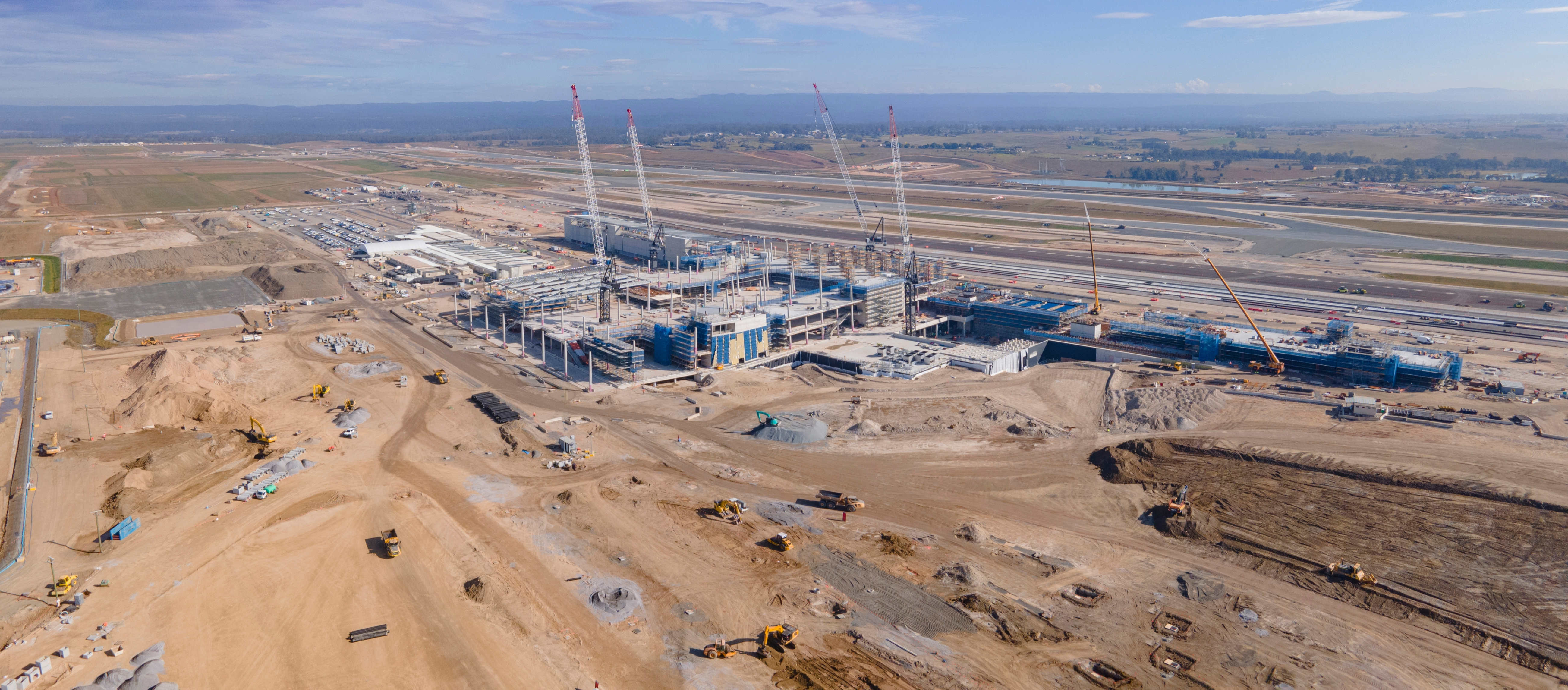 Panoramic aerial drone view of the construction site of the new International Airport at Badgerys Creek in Western Sydney, NSW, Australia