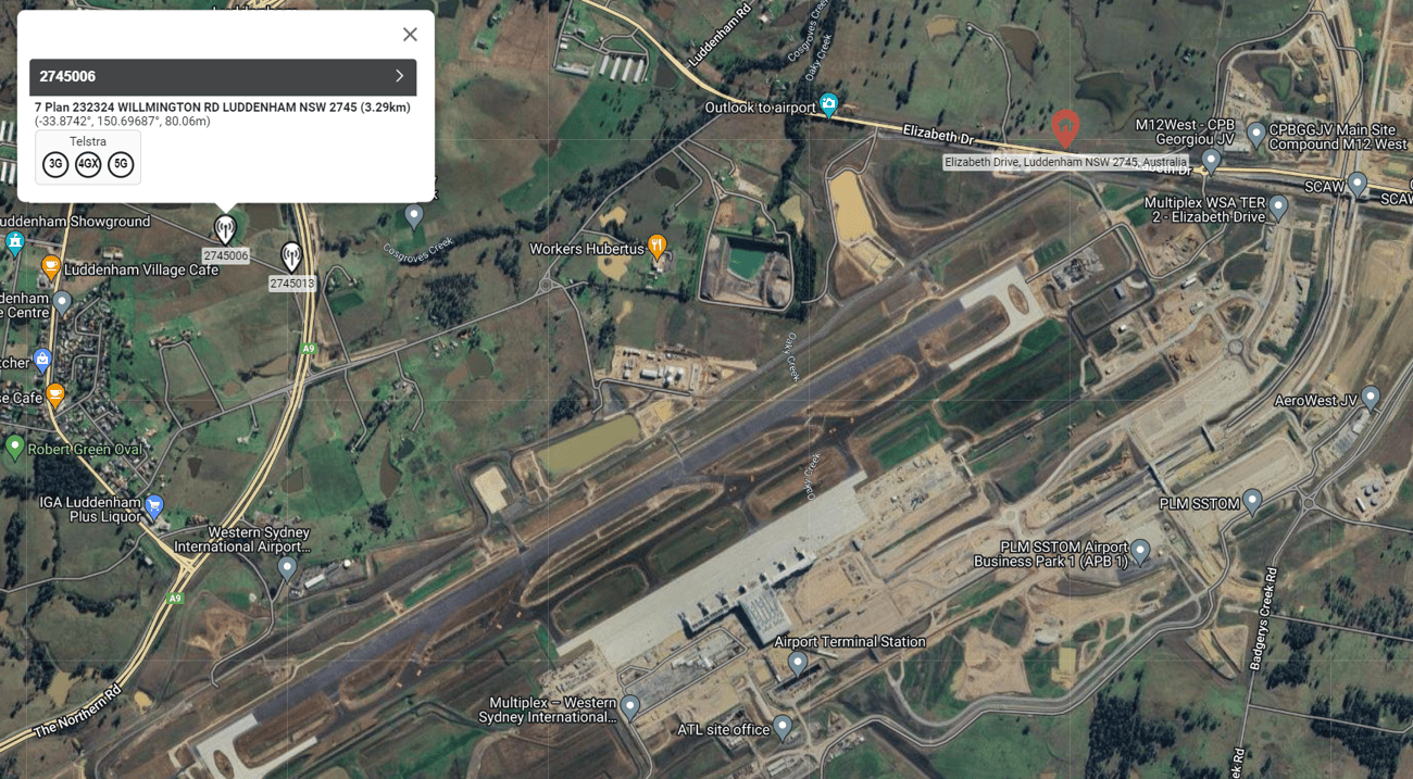 Western Sydney airport map with tower satellite